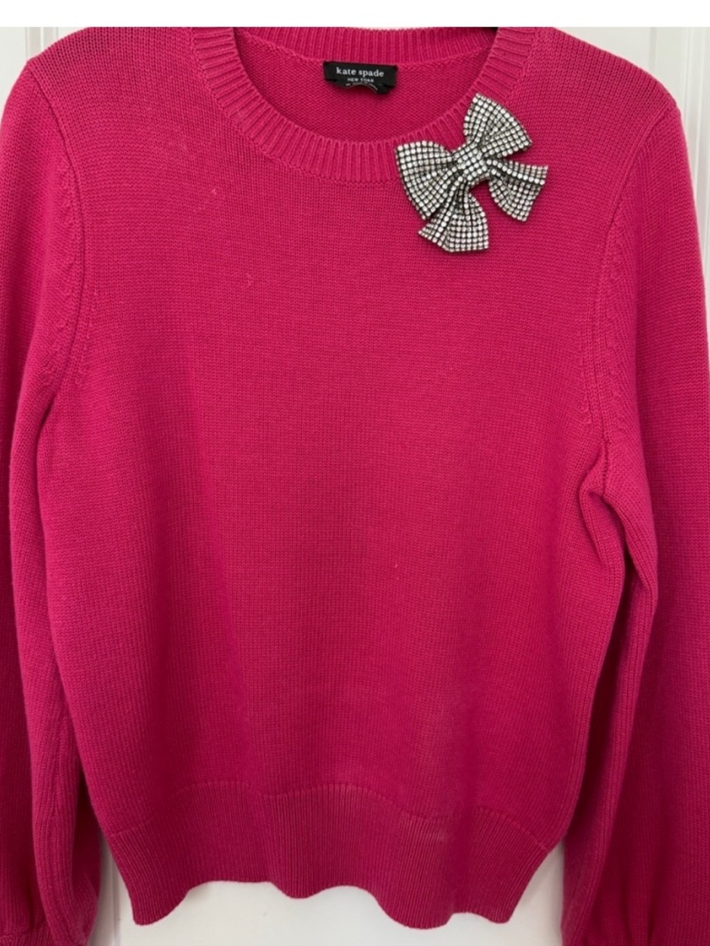 kate spade Hot Pink Crewneck Sweater with Rhinestone Bow Pin